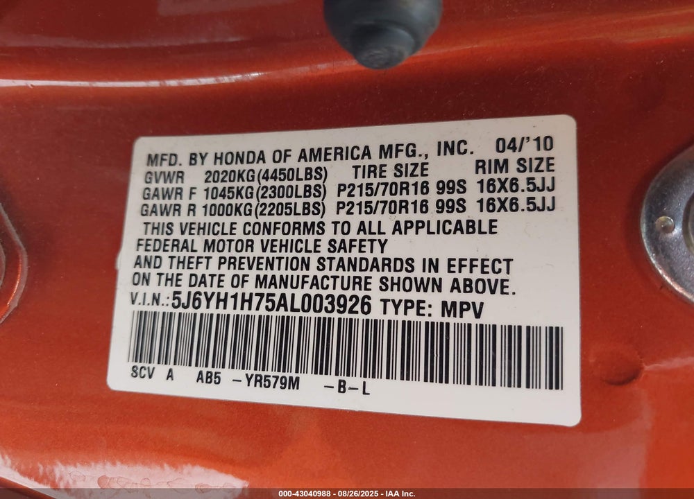 2010 HONDA ELEMENT EX VIN: 5J6YH1H75AL003926