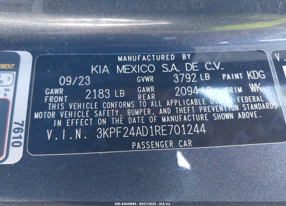 2024 KIA FORTE VIN: 3KPF24AD1RE701244