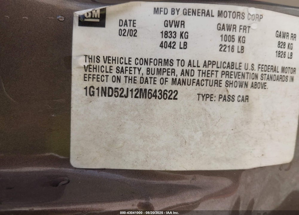2002 CHEVROLET MALIBU VIN: 1G1ND52J12M643622