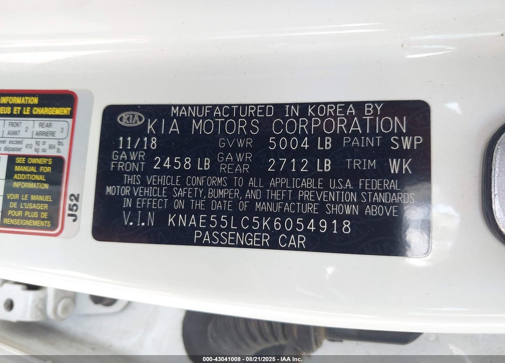 2019 KIA STINGER GT2 VIN: KNAE55LC5K6054918
