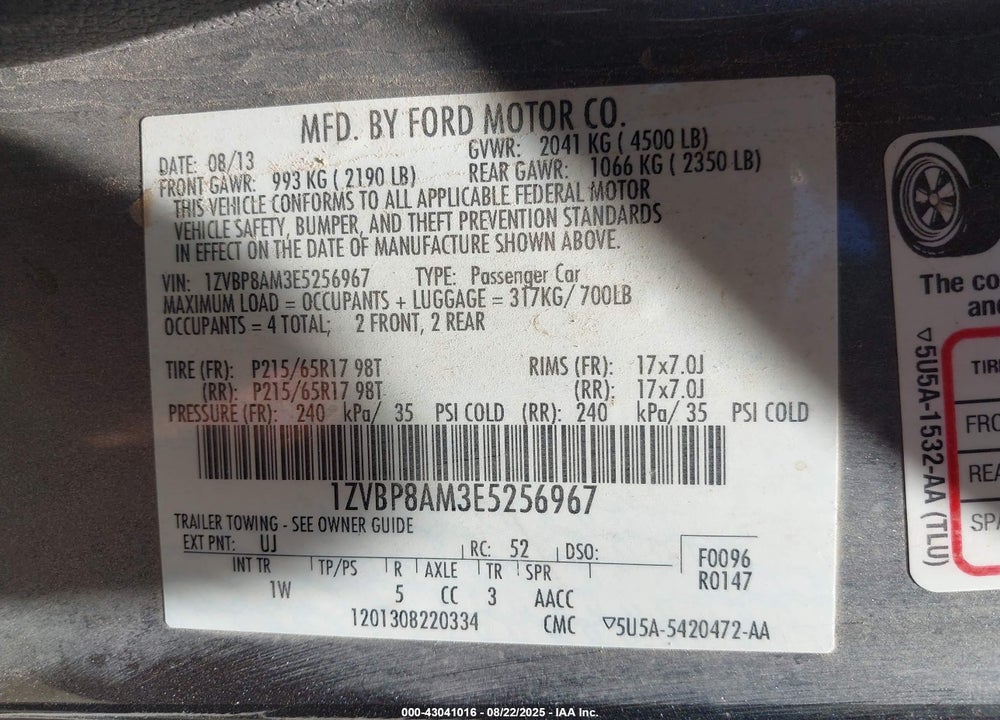 2014 FORD MUSTANG VIN: 1ZVBP8AM3E5256967