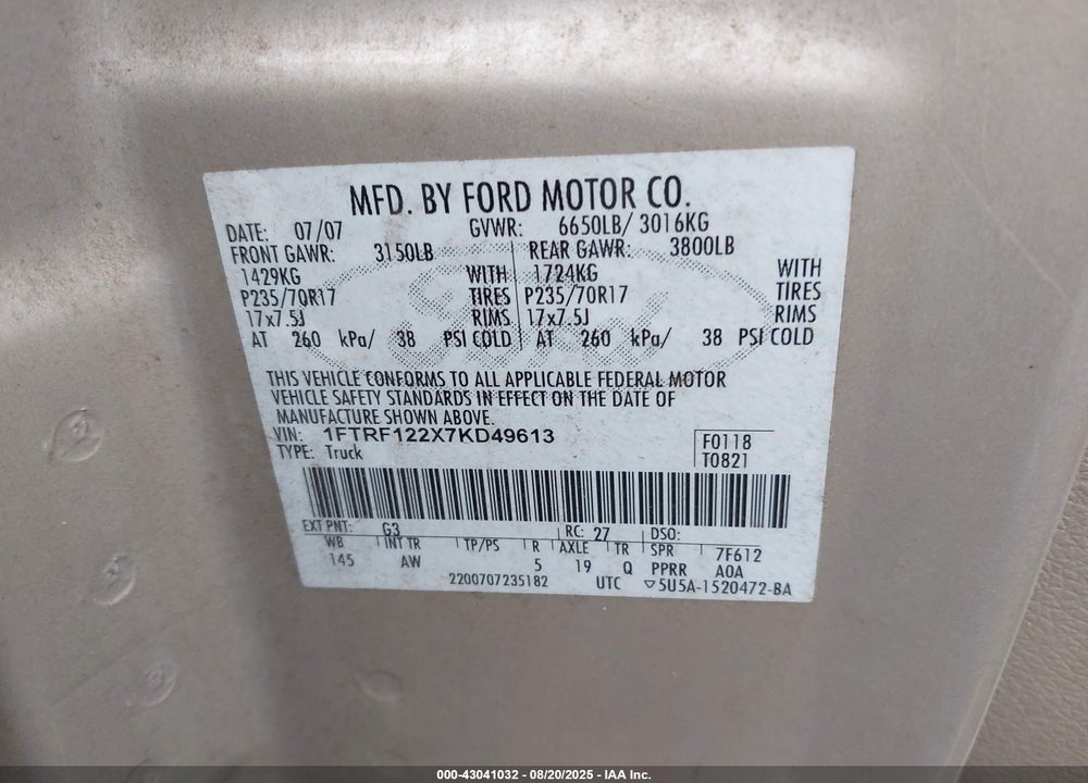 2007 FORD F-150 VIN: 1FTRF122X7KD49613