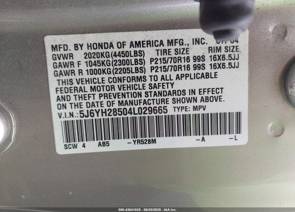 2004 HONDA ELEMENT EX VIN: 5J6YH28504L029665