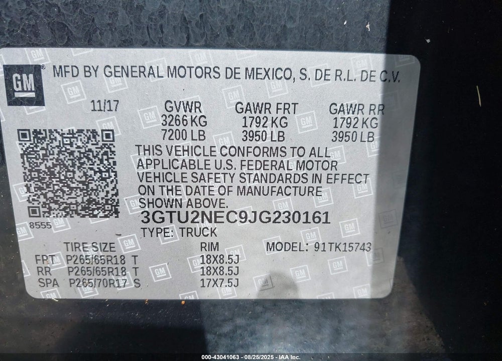 2018 GMC SIERRA 1500 VIN: 3GTU2NEC9JG230161