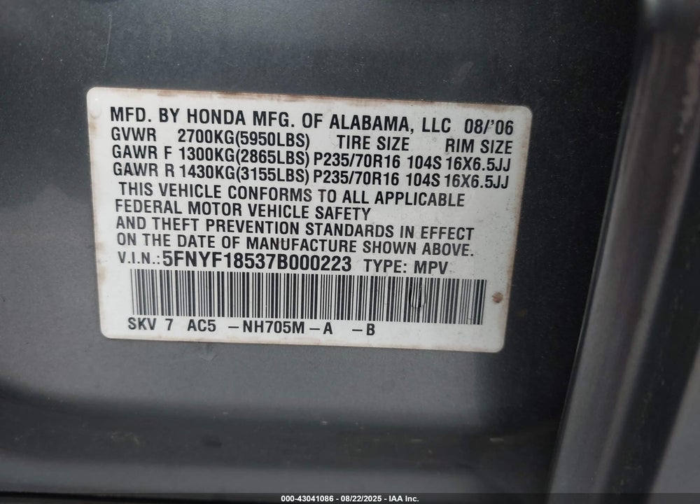 2007 HONDA PILOT EX-L VIN: 5FNYF18537B000223