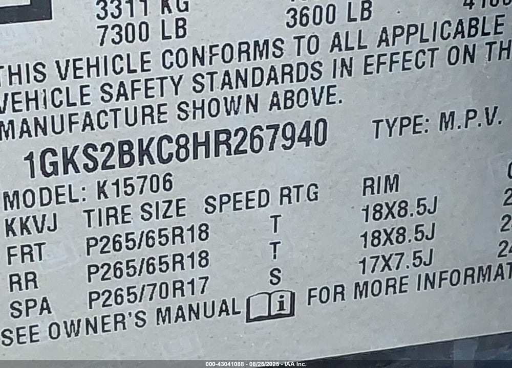 2017 GMC YUKON VIN: 1GKS2BKC8HR267940
