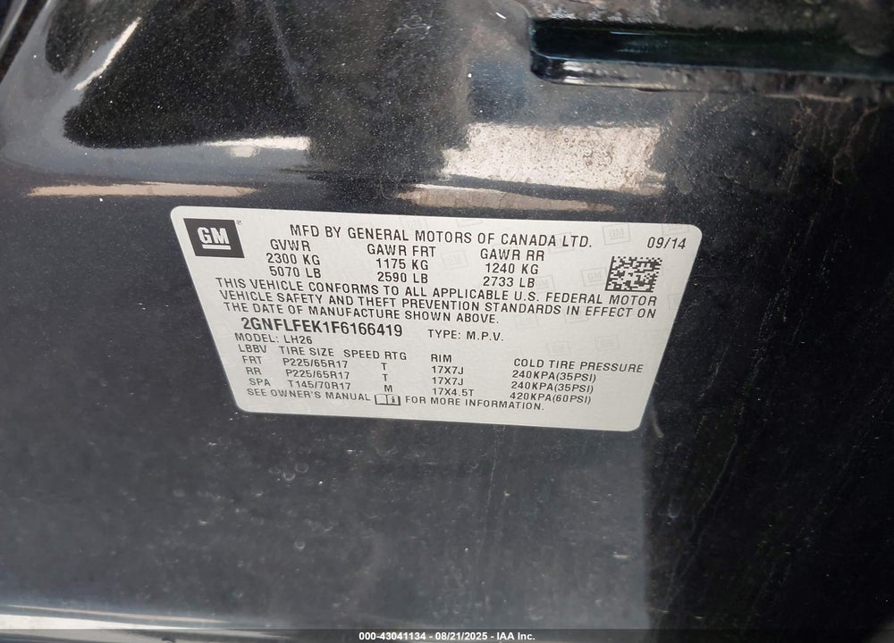 2015 CHEVROLET EQUINOX VIN: 2GNFLFEK1F6166419