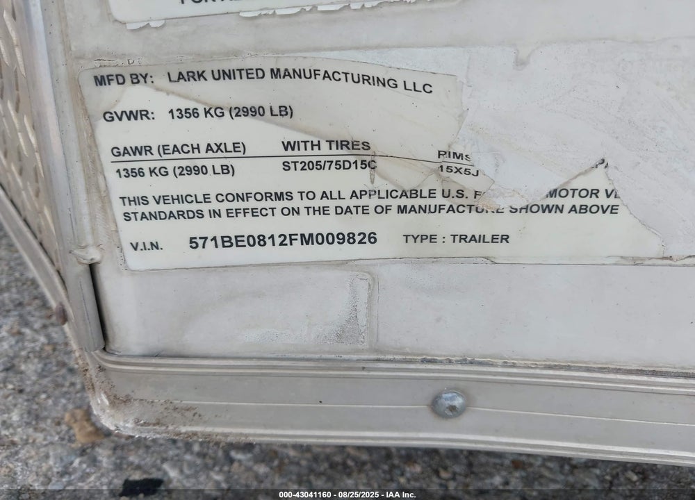 2015 LARK TRAILER VIN: 571BE0812FM009826