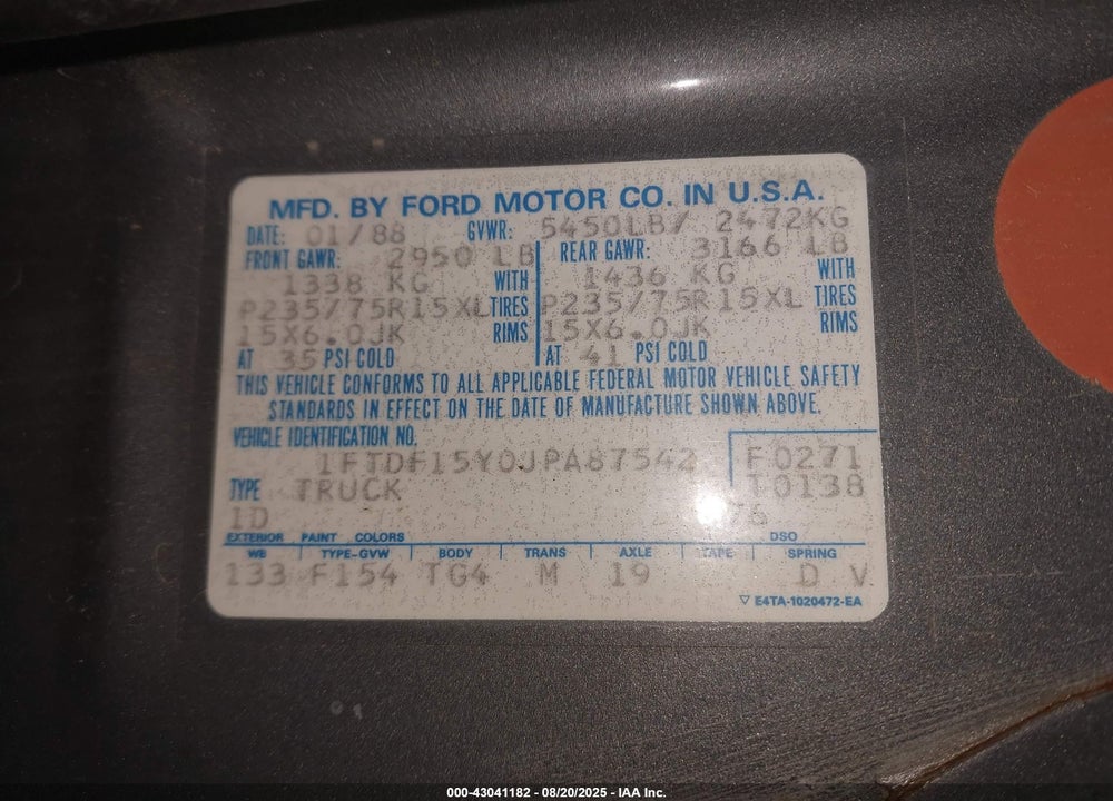1988 FORD F150 VIN: 1FTDF15Y0JPA87542