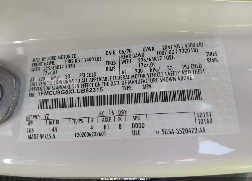 2020 FORD ESCAPE VIN: 1FMCU9G6XLUB82315