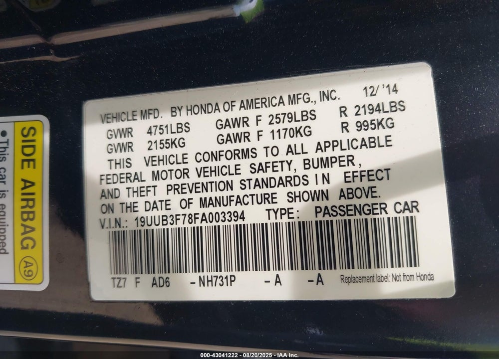 2015 ACURA TLX VIN: 19UUB3F78FA003394