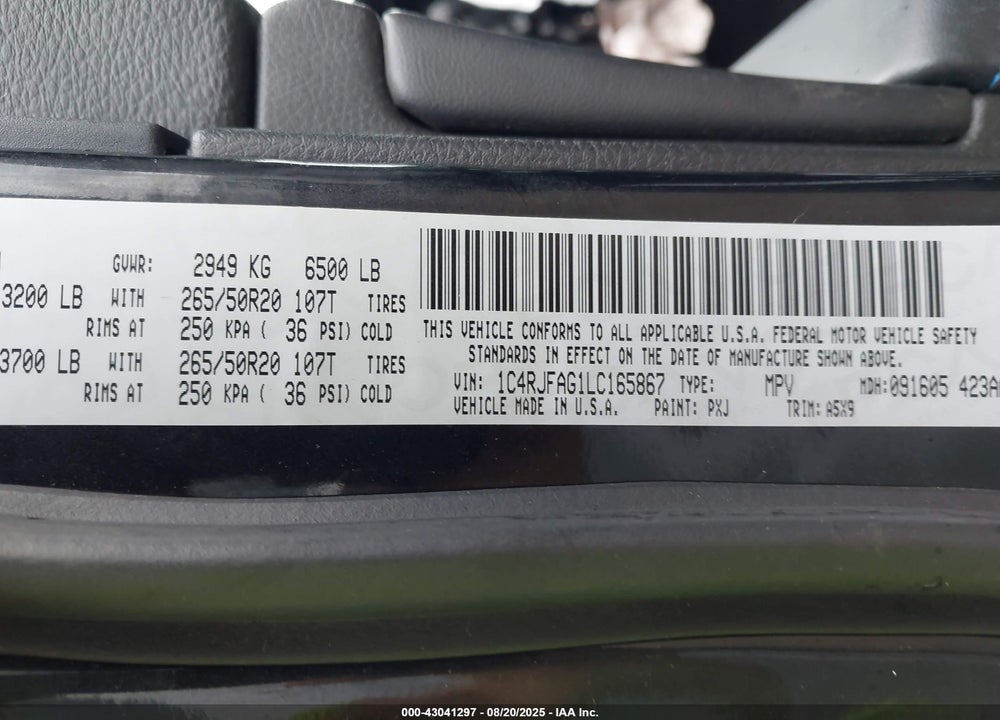 2020 JEEP GRAND CHEROKEE VIN: 1C4RJFAG1LC165867