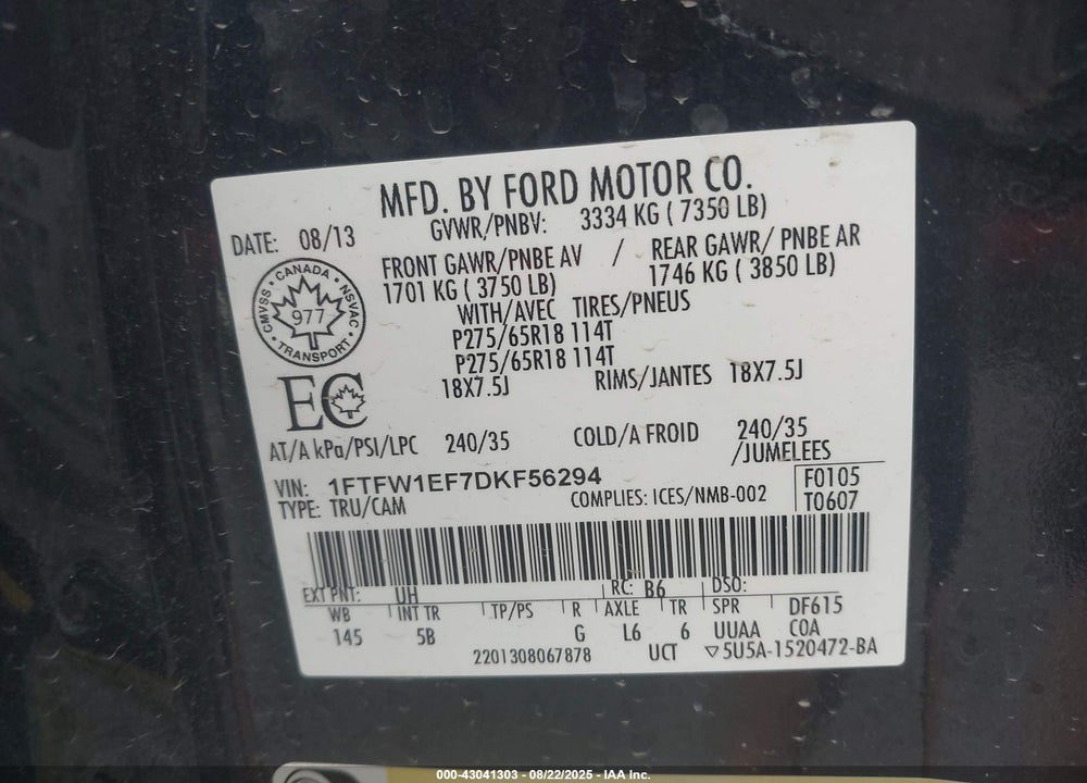 2013 FORD F-150 FX4 VIN: 1FTFW1EF7DKF56294