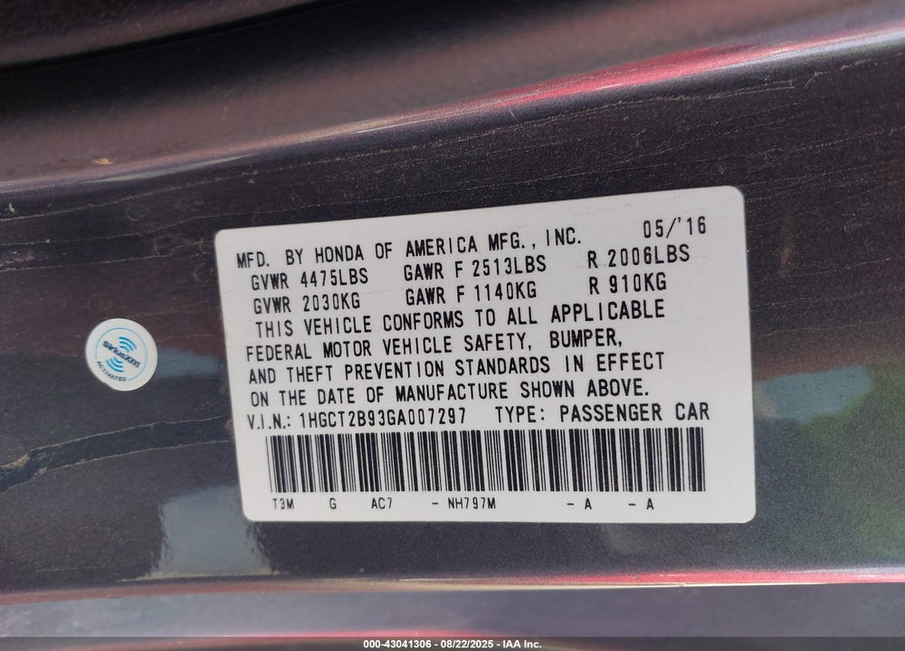 2016 HONDA ACCORD EX-L V-6 VIN: 1HGCT2B93GA007297