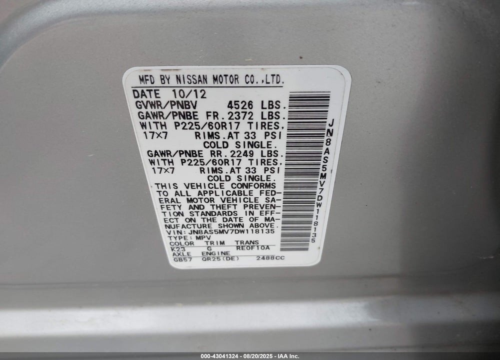 2013 NISSAN ROGUE VIN: JN8AS5MV7DW118135