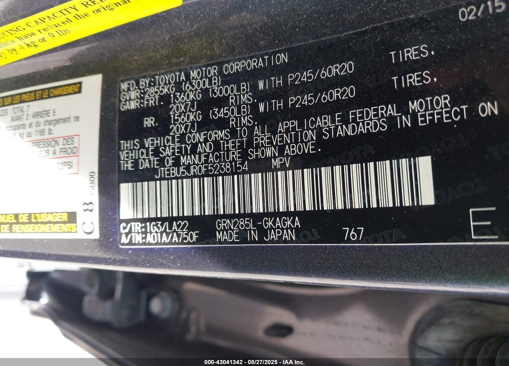 2015 TOYOTA 4RUNNER LIMITED VIN: JTEBU5JR0F5238154