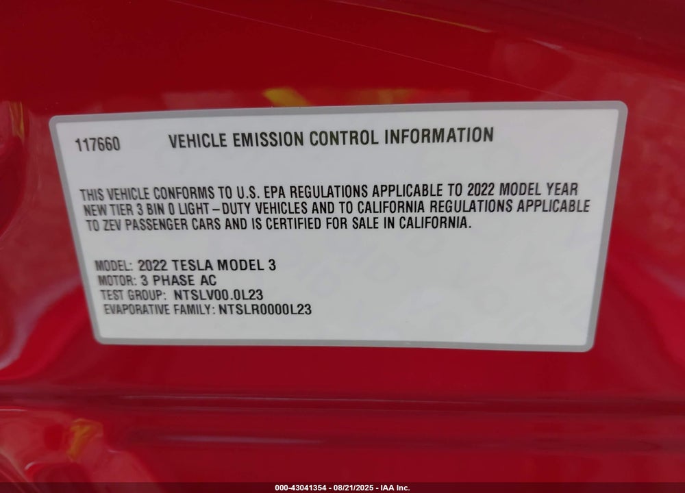 2022 TESLA MODEL 3 LONG RANGE DUAL MOTOR ALL-WHEEL DRIVE VIN: 5YJ3E1EB1NF117660