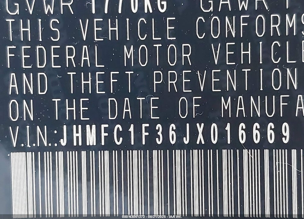 2018 HONDA CIVIC EX-T VIN: JHMFC1F36JX016669