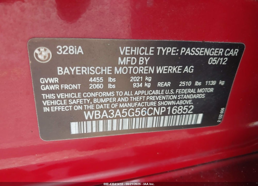 2012 BMW 328I VIN: WBA3A5G56CNP16852
