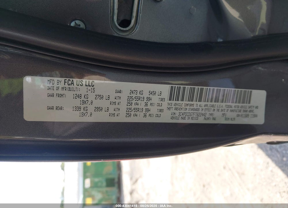 2015 DODGE JOURNEY VIN: 3C4PDCDG7FT622442