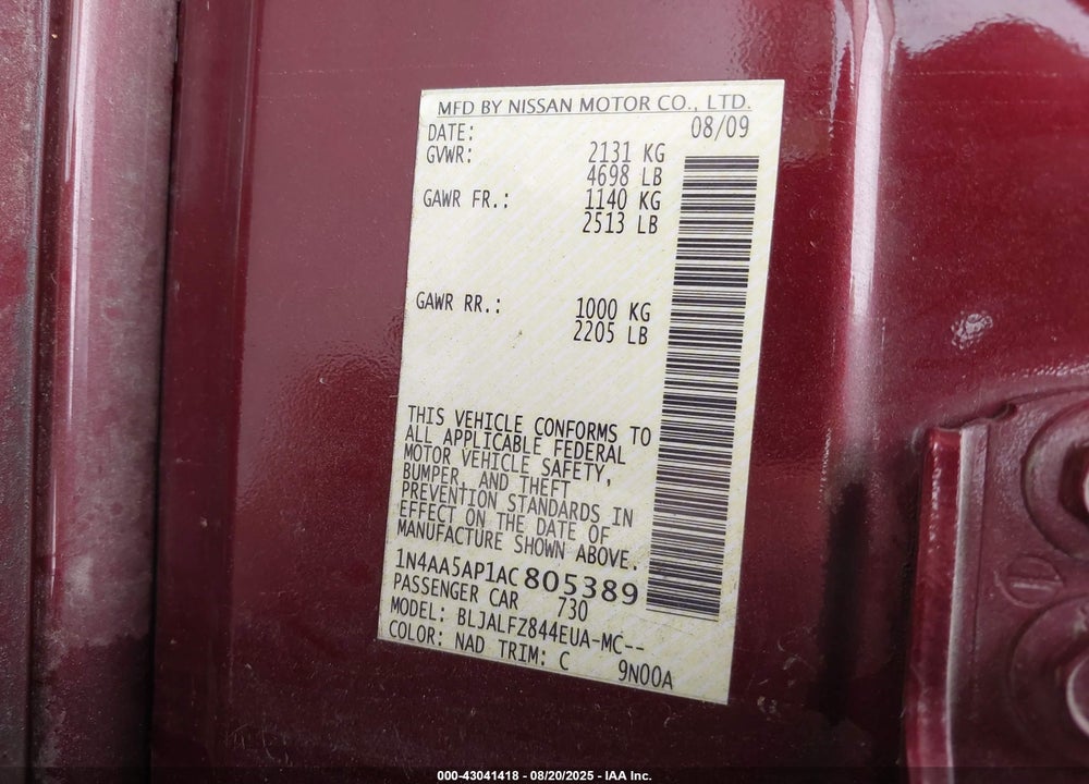 2010 NISSAN MAXIMA VIN: 1N4AA5AP1AC805389