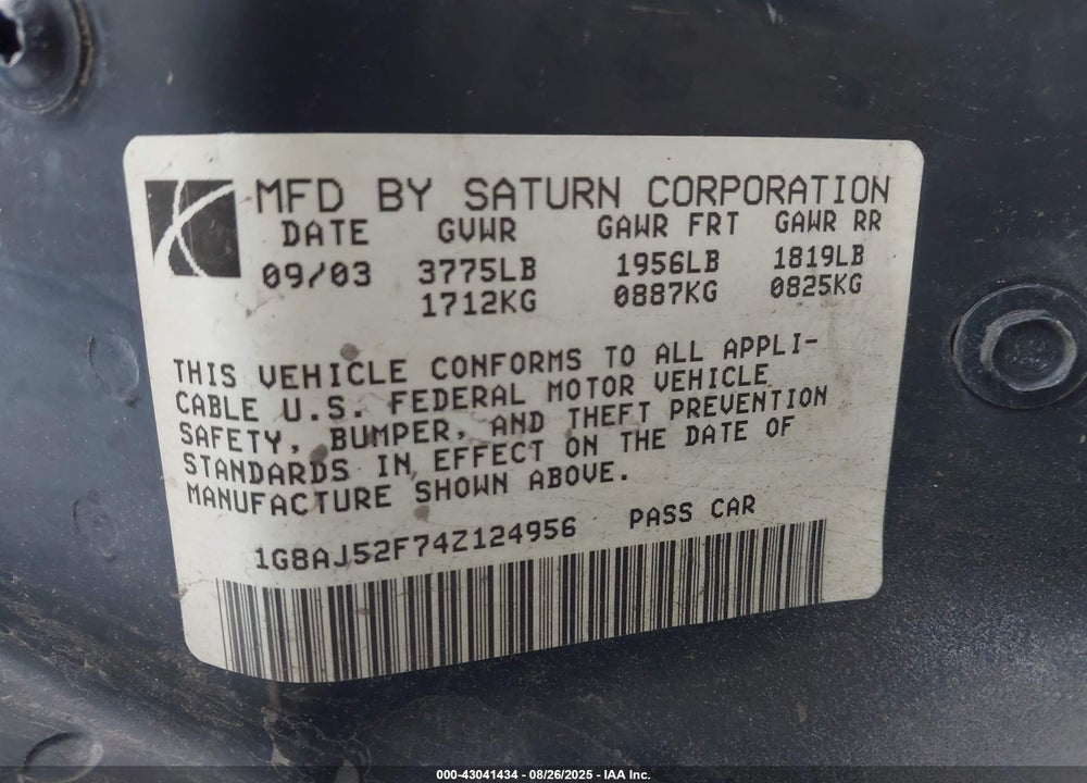 2004 SATURN ION 2 VIN: 1G8AJ52F74Z124956
