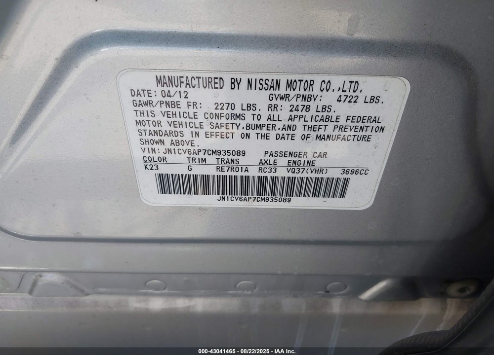 2012 INFINITI G37 VIN: JN1CV6AP7CM935089