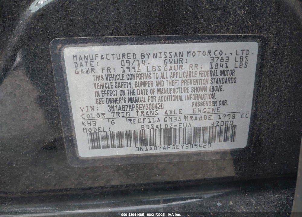 2014 NISSAN SENTRA VIN: 3N1AB7AP5EY309420