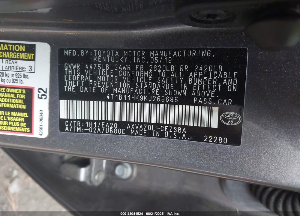 2019 TOYOTA CAMRY VIN: 4T1B11HK9KU269686