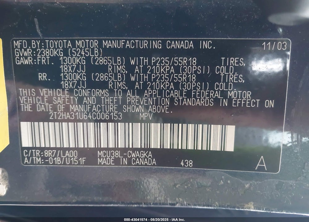 2004 LEXUS RX 330 VIN: 2T2HA31U64C006153