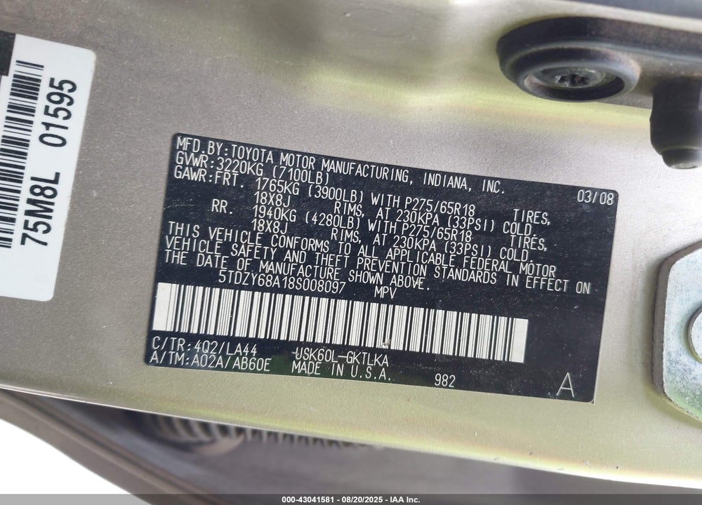 2008 TOYOTA SEQUOIA LIMITED 5.7L V8 VIN: 5TDZY68A18S008097