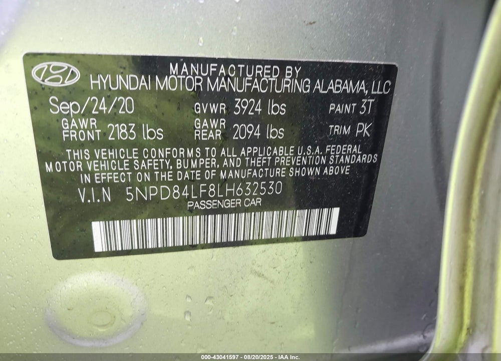 2020 HYUNDAI ELANTRA VIN: 5NPD84LF8LH632530