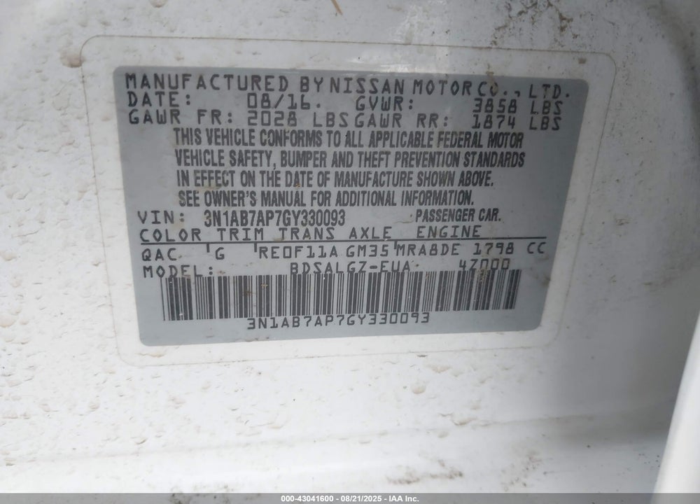 2016 NISSAN SENTRA VIN: 3N1AB7AP7GY330093