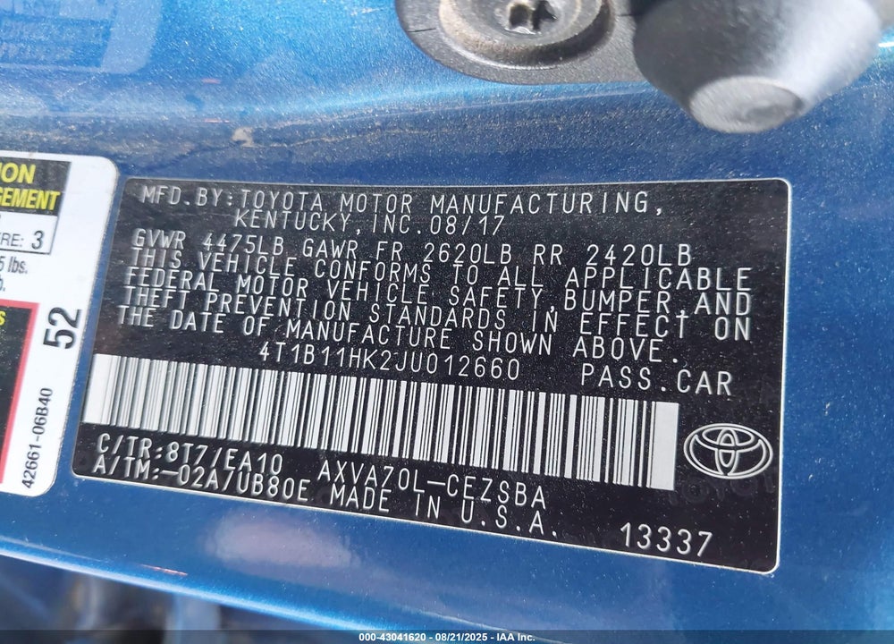 2018 TOYOTA CAMRY VIN: 4T1B11HK2JU012660