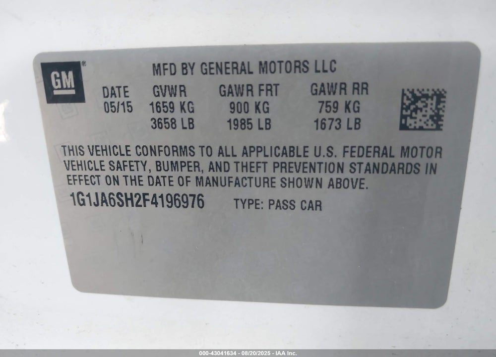 2015 CHEVROLET SONIC VIN: 1G1JA6SH2F4196976