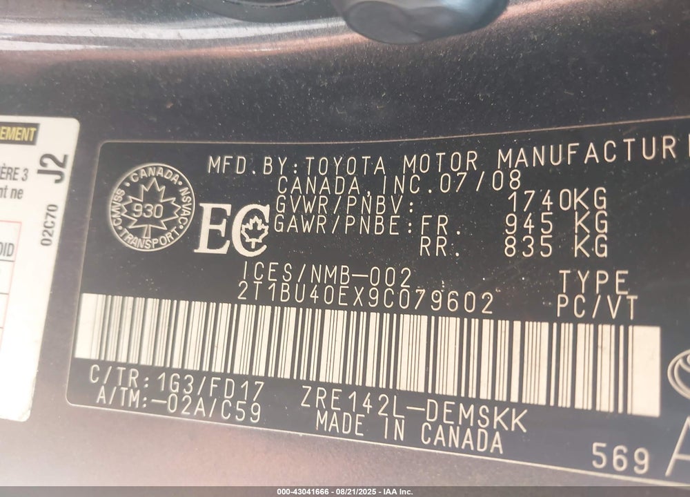 2009 TOYOTA COROLLA VIN: 2T1BU40EX9C079602