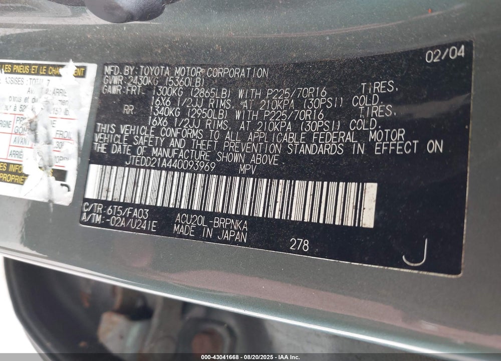 2004 TOYOTA HIGHLANDER VIN: JTEDD21A440093969