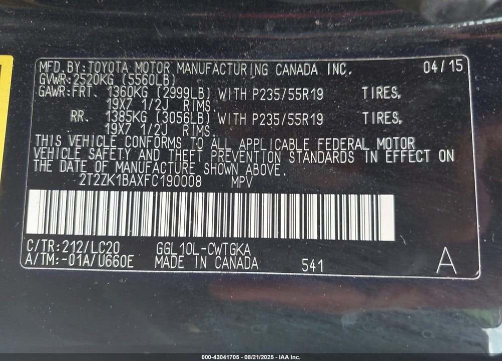 2015 LEXUS RX 350 VIN: 2T2ZK1BAXFC190008