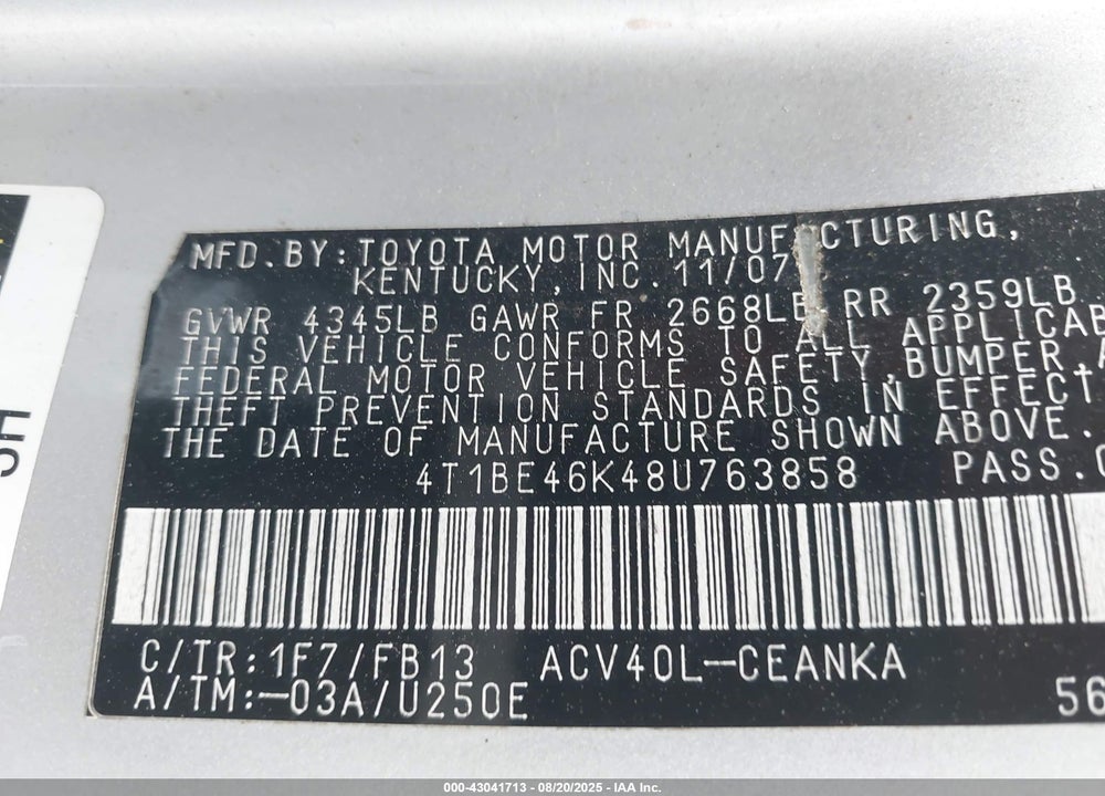2008 TOYOTA CAMRY LE VIN: 4T1BE46K48U763858