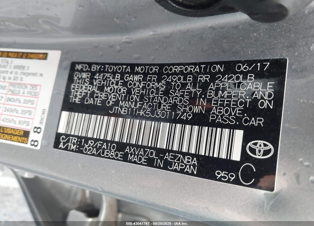2018 TOYOTA CAMRY VIN: JTNB11HK5J3011749