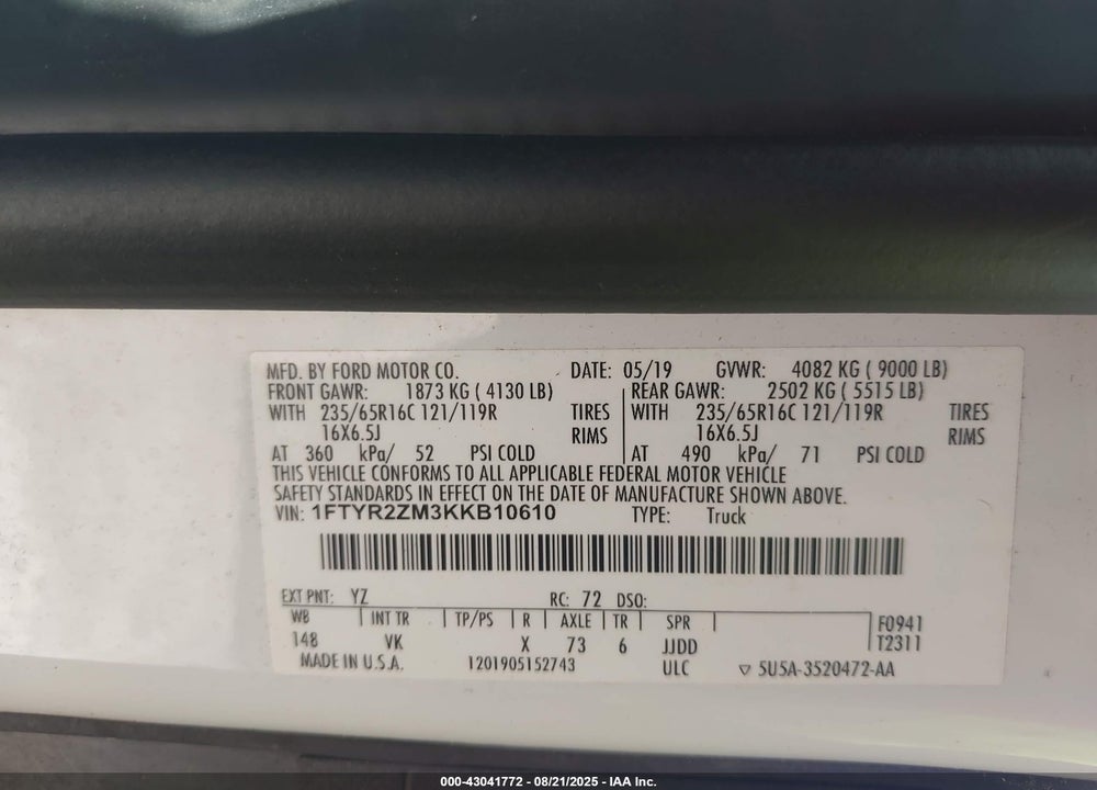 2019 FORD TRANSIT-250 VIN: 1FTYR2ZM3KKB10610