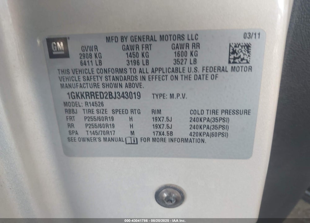 2011 GMC ACADIA VIN: 1GKKRRED2BJ343019