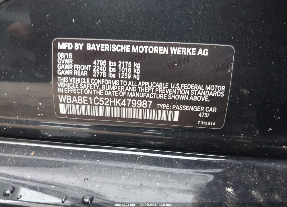 2017 BMW 3 SERIES VIN: WBA8E1C52HK479987