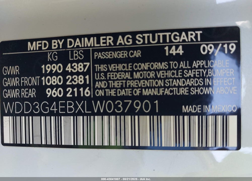 2020 MERCEDES-BENZ A 220 VIN: WDD3G4EBXLW037901