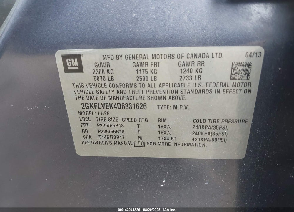 2013 GMC TERRAIN VIN: 2GKFLVEK4D6331626