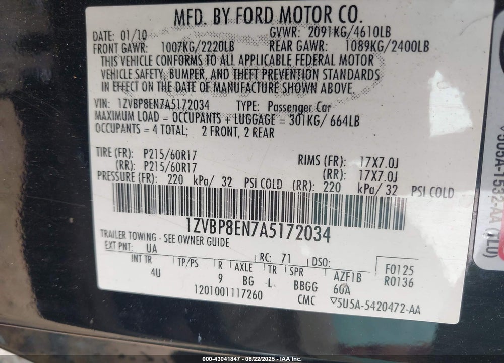 2010 FORD MUSTANG VIN: 1ZVBP8EN7A5172034