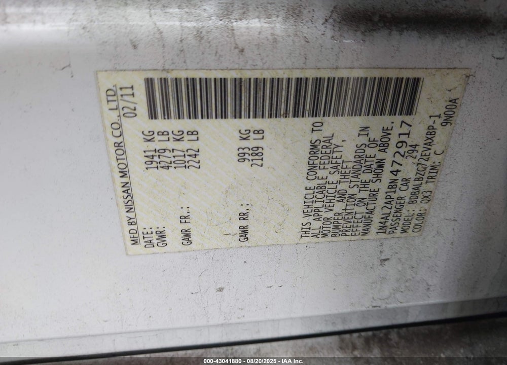 2011 NISSAN ALTIMA VIN: 1N4AL2AP1BN472917