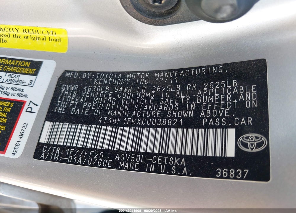 2012 TOYOTA CAMRY SE VIN: 4T1BF1FKXCU038821