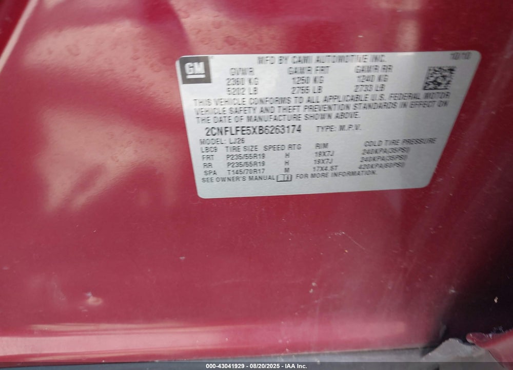 2011 CHEVROLET EQUINOX VIN: 2CNFLFE5XB6263174