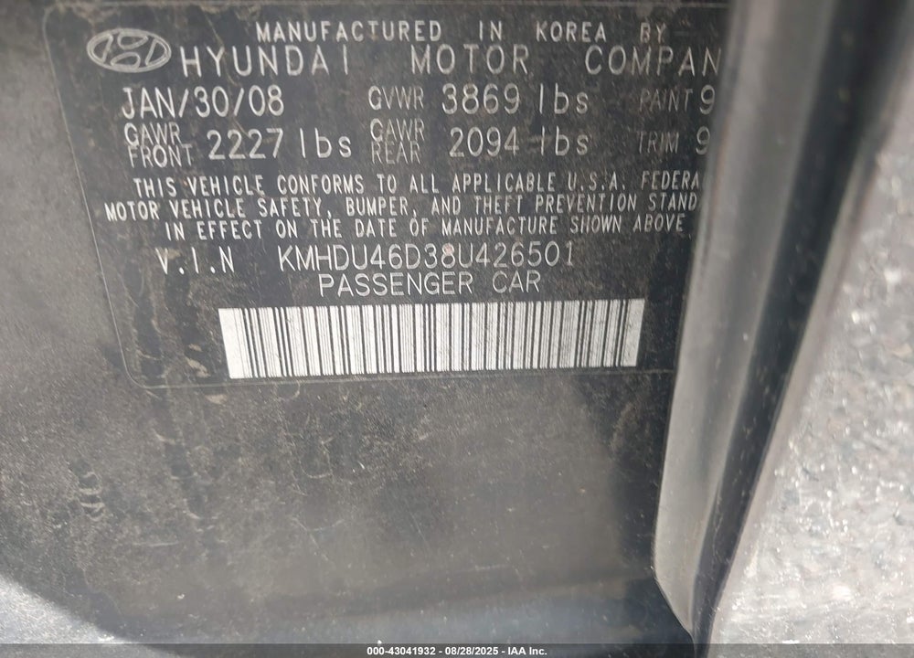 2008 HYUNDAI ELANTRA GLS/SE VIN: KMHDU46D38U426501